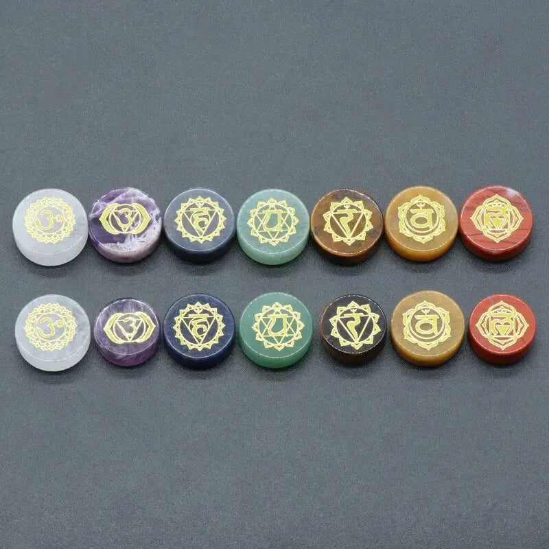 7pcs/Pack Round Shaped 7 Chakra Natural Stone Ornament Amethyst Quartz Energy Engraved Symbols Reiki Divination Healing 16-18mm