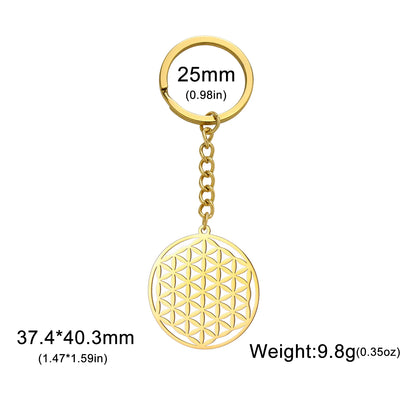 Skyrim Flower of Life Round Key Chain Stainless Steel Gold Color Pendant for Bag Sacred Geometry Amulet Keyring Accessories Gift