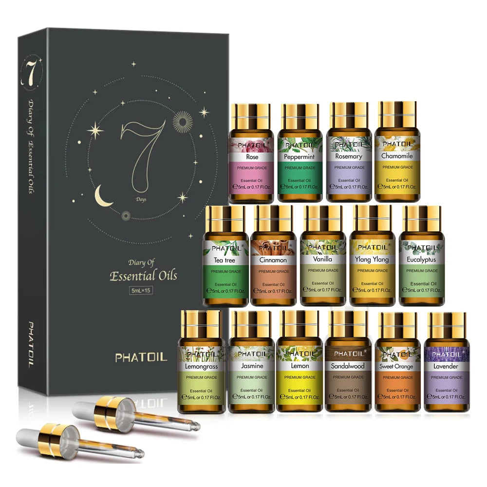 PHATOIL 15PCS Aromatherapy Essential Oils Gift Set For Diffuser Soap & Candle Making-5ml Cinnamon Lavender Eucalyptus Peppermint Lemon Vanilla Cinnamon Lemongrass Aroma Essential Oil