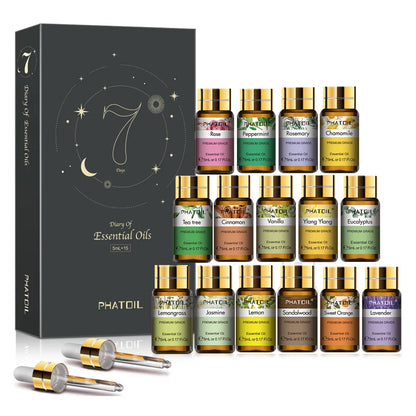 PHATOIL 15PCS Aromatherapy Essential Oils Gift Set For Diffuser Soap & Candle Making-5ml Cinnamon Lavender Eucalyptus Peppermint Lemon Vanilla Cinnamon Lemongrass Aroma Essential Oil