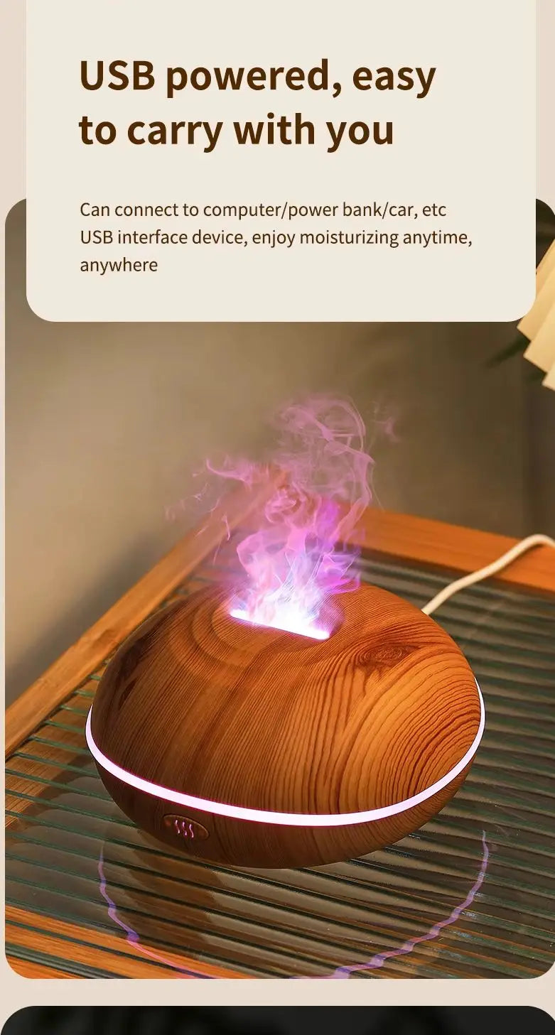 HOMEFISH 200ML Flame Aroma Diffuser with 7 Colors Night Light Portable Wood Grain USB Humidifier Cool Mist Essential Oil Fragran