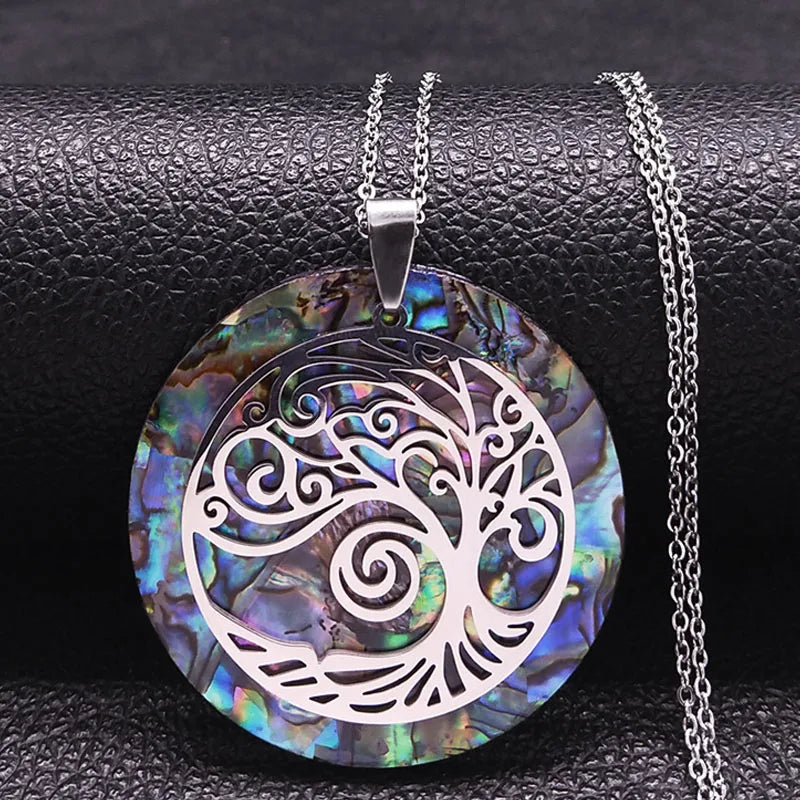 Tree of Life Stainless Steel Abalone Shell Natural Necklace Chain Gold Color Necklaces Mother Pearl Shell Boho Jewelry Collar NX