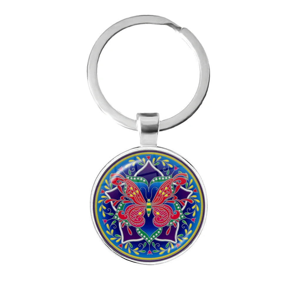 Charm Mandala Art Picture Keychain Henna Yoga Om Symbol Zen Buddhism 25mm Glass Cabochon Keyrings Keyholder For Women Men Gift