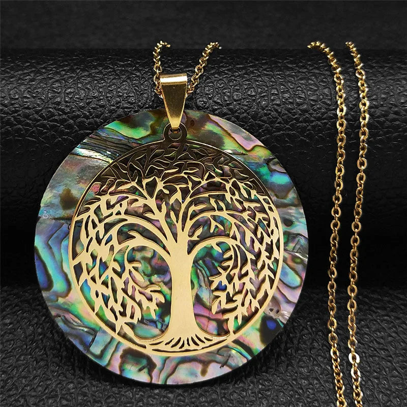 Tree of Life Stainless Steel Abalone Shell Natural Necklace Chain Gold Color Necklaces Mother Pearl Shell Boho Jewelry Collar NX