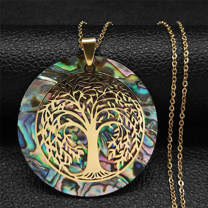 Tree of Life Stainless Steel Abalone Shell Natural Necklace Chain Gold Color Necklaces Mother Pearl Shell Boho Jewelry Collar NX