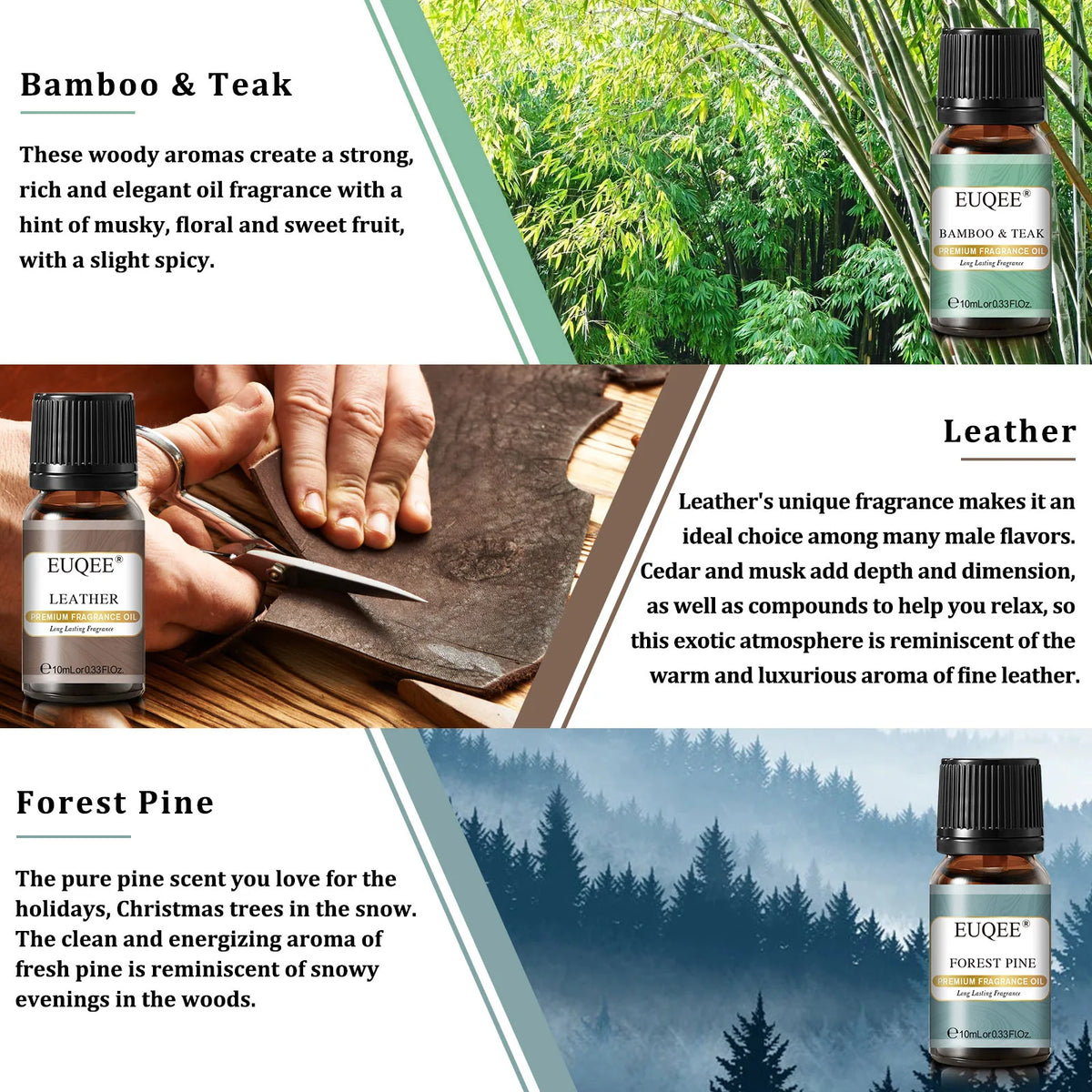 EUQEE 6PCS Aromatherapy Fragrance Oil Gift Set-10ml Cedarwood Bamboo & Teak Leather Aroma Forest Pine Fragrance Oils