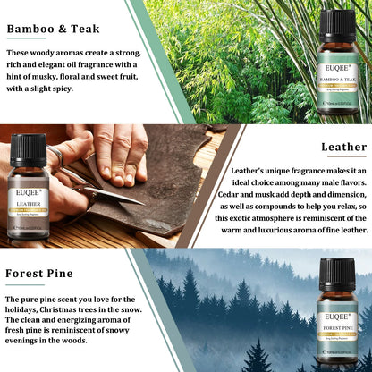 EUQEE 6PCS Aromatherapy Fragrance Oil Gift Set-10ml Cedarwood Bamboo & Teak Leather Aroma Forest Pine Fragrance Oils