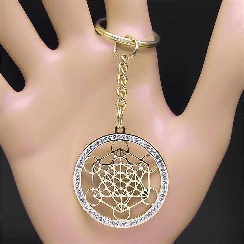 Angel Seal Archangel Metatron Sacred Geometry Symbol Key Chain Stainless Steel Flower of Life Bag Charm Key Ring Holder K59S01