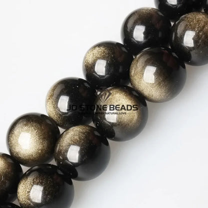Natural Stone Golden Black Obsidian Bead Shinny Round Loose Gemstone Bead for Jewelry Making Diy Bracelet Necklace Accessory 15"