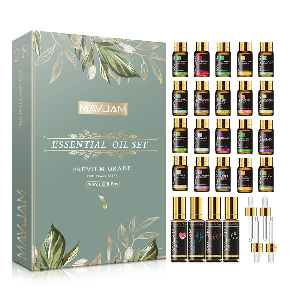 MAYJAM 28pcs/set Aromatherapy Essential Oils Gift Box,Sandalwood Bergamot Lemongrass Lemon Lavender Citronella Patchouli Tea Tree Sage Sweet Orange Rosemary Vanilla Vetiver Rose Cedarwood Chamomile Eucalyptus for Humidifier R