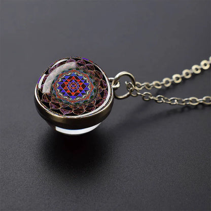 Sacred Geometry-Metatron's Cube Necklaces Sri Yantra Mandala Double Side Glass Ball Pendant Necklace Buddhist Yoga Jewelry Gift