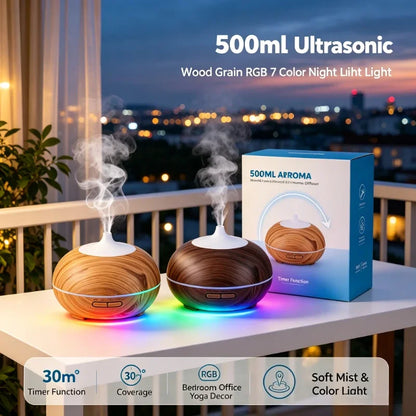 500ml Wood Grain Ultrasonic Aroma Diffuser, Essential Oil Humidifier with RGB 7 Colors Night Light, Quiet Timer Scent Machine for Bedroom Office Yoga Room Up to 30㎡