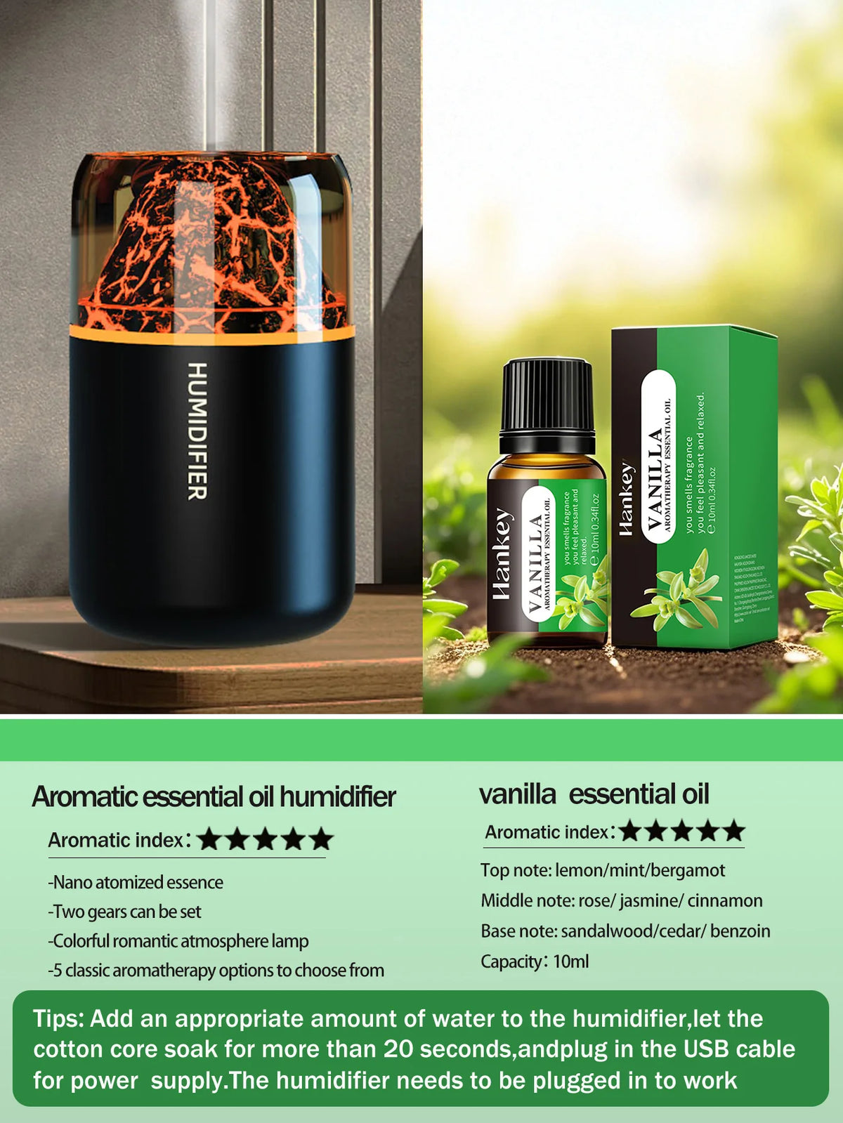 The simulated volcanic color lamp humidifier USB aromatherapy diffuser is suitable for use in cars, homes, bedrooms, as a gift,