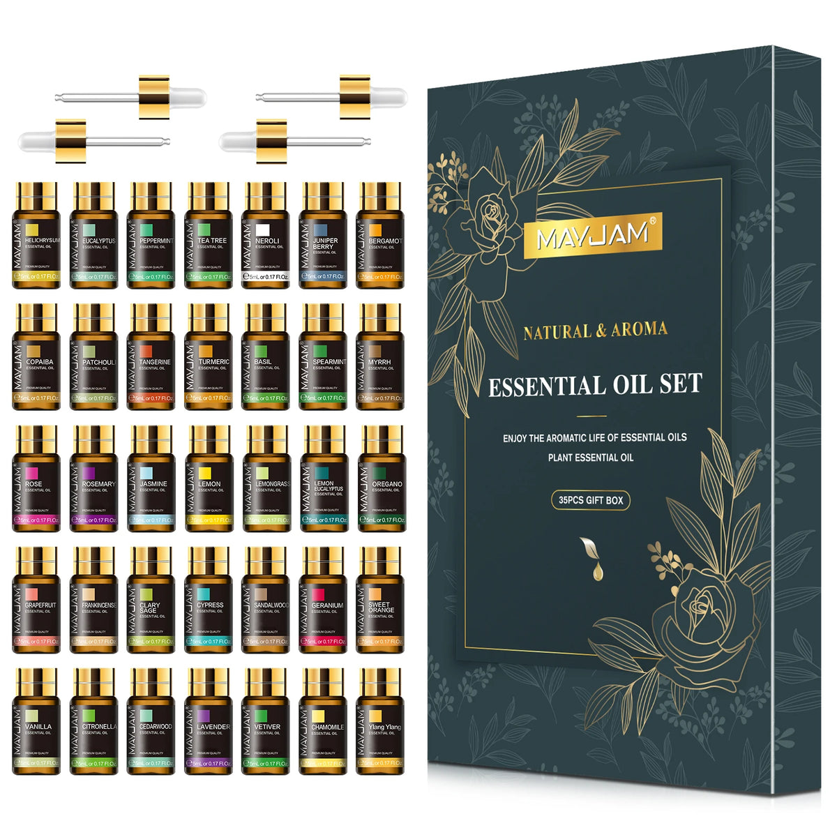 MAYJAM 35 Bottles Essential Oils Set Lavender Vanilla Oregano Neroli for Humidifier Diffuser Candle Making Air Freshener