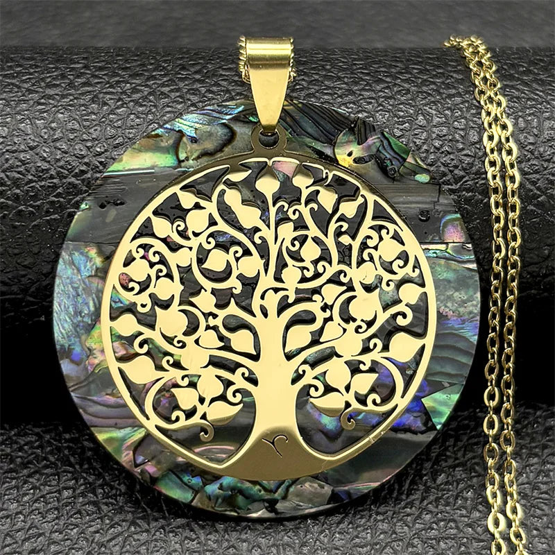 Tree of Life Stainless Steel Abalone Shell Natural Necklace Chain Gold Color Necklaces Mother Pearl Shell Boho Jewelry Collar NX