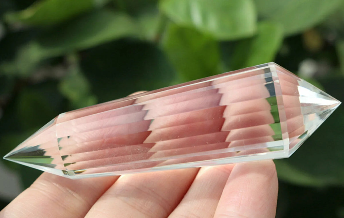 24-side natural clear quartz crystal dot wand, double-ended in lattice style