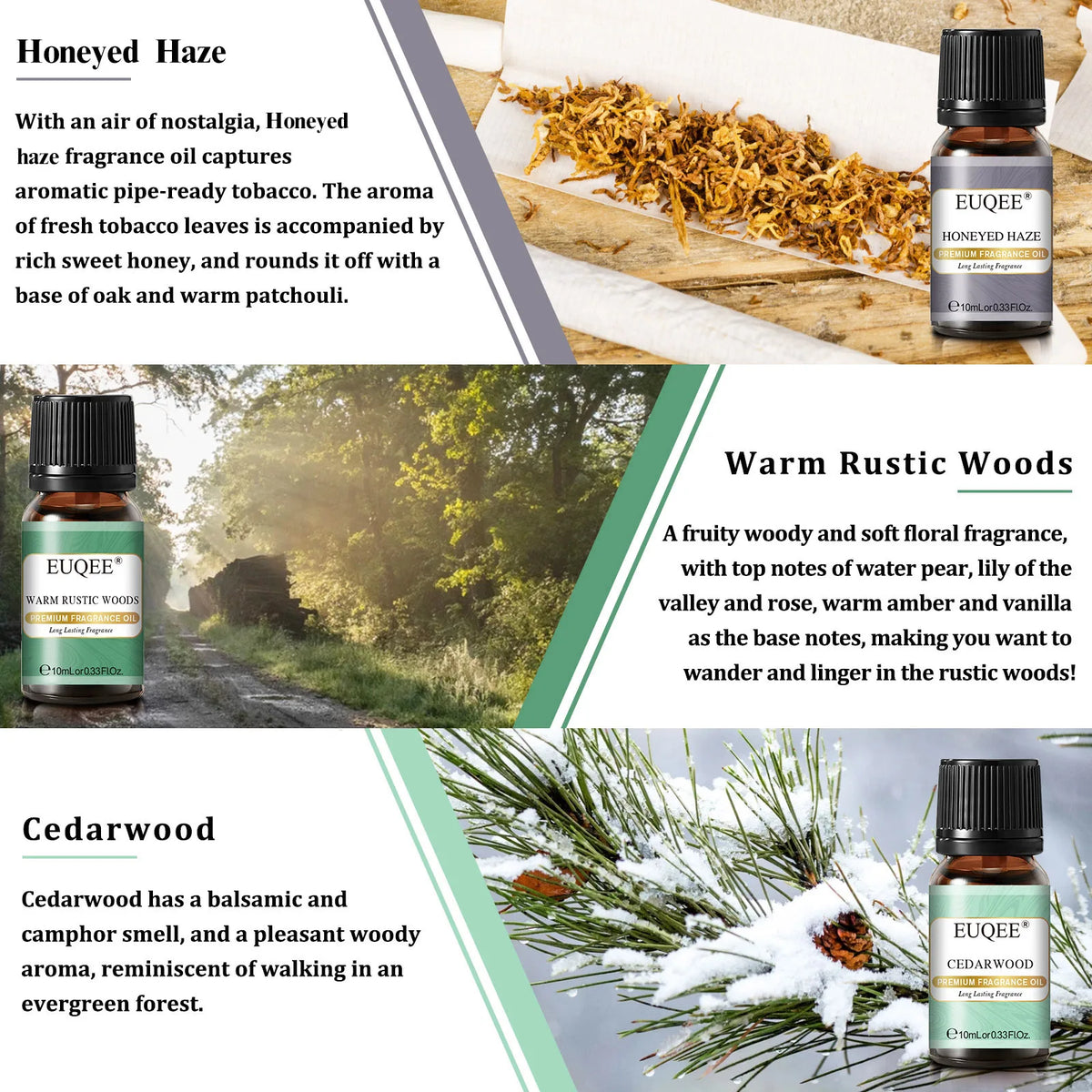 EUQEE 6PCS Aromatherapy Fragrance Oil Gift Set-10ml Cedarwood Bamboo & Teak Leather Aroma Forest Pine Fragrance Oils