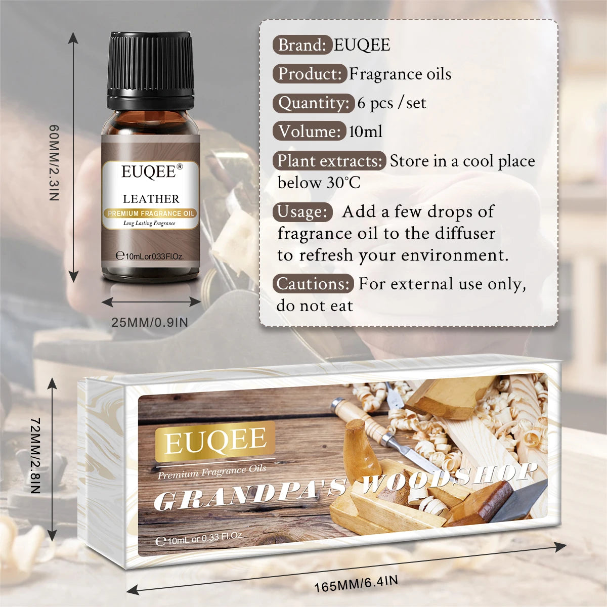 EUQEE 6PCS Aromatherapy Fragrance Oil Gift Set-10ml Cedarwood Bamboo & Teak Leather Aroma Forest Pine Fragrance Oils