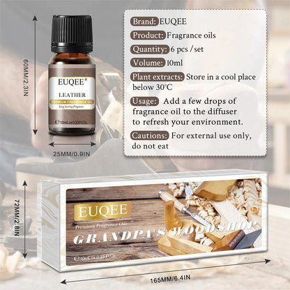 EUQEE 6PCS Aromatherapy Fragrance Oil Gift Set-10ml Cedarwood Bamboo & Teak Leather Aroma Forest Pine Fragrance Oils