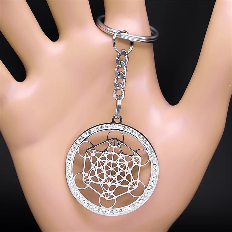 Angel Seal Archangel Metatron Sacred Geometry Symbol Key Chain Stainless Steel Flower of Life Bag Charm Key Ring Holder K59S01