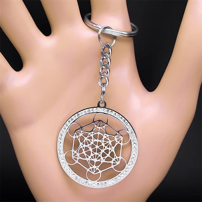 Angel Seal Archangel Metatron Sacred Geometry Symbol Key Chain Stainless Steel Flower of Life Bag Charm Key Ring Holder K59S01