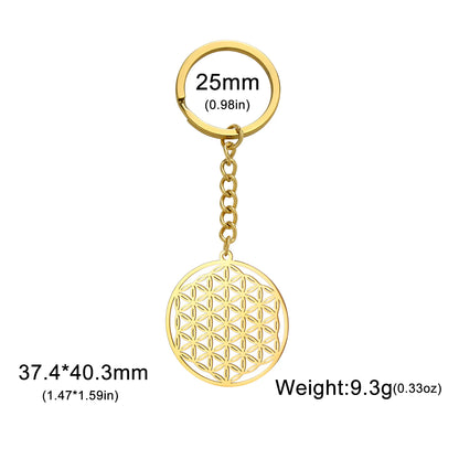 Skyrim Flower of Life Round Key Chain Stainless Steel Gold Color Pendant for Bag Sacred Geometry Amulet Keyring Accessories Gift
