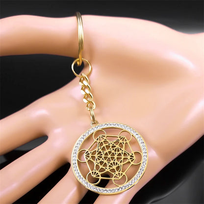 Angel Seal Archangel Metatron Sacred Geometry Symbol Key Chain Stainless Steel Flower of Life Bag Charm Key Ring Holder K59S01