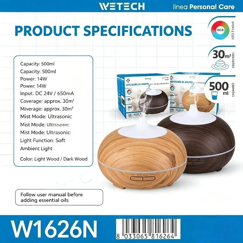 500ml Wood Grain Ultrasonic Aroma Diffuser, Essential Oil Humidifier with RGB 7 Colors Night Light, Quiet Timer Scent Machine for Bedroom Office Yoga Room Up to 30㎡