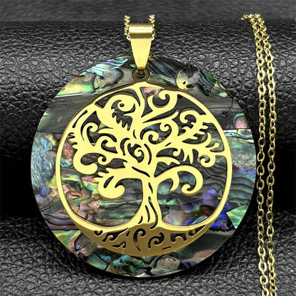 Tree of Life Stainless Steel Abalone Shell Natural Necklace Chain Gold Color Necklaces Mother Pearl Shell Boho Jewelry Collar NX