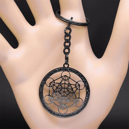 Angel Seal Archangel Metatron Sacred Geometry Symbol Key Chain Stainless Steel Flower of Life Bag Charm Key Ring Holder K59S01