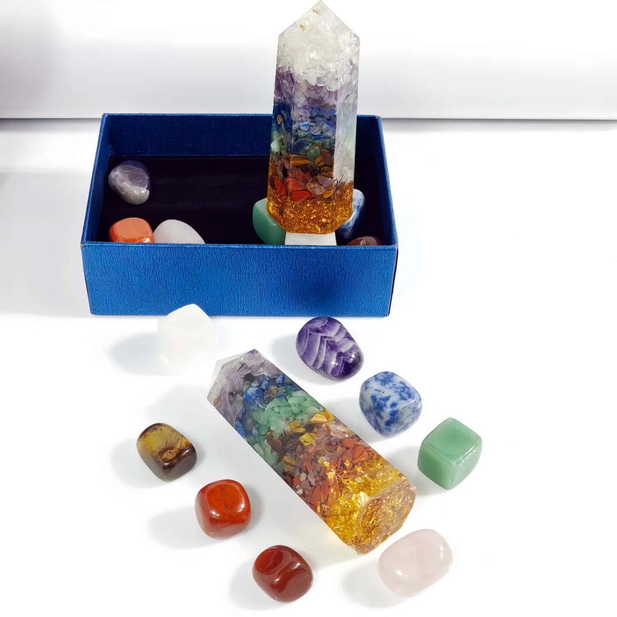 9PCS 7 Chakra Points,Tiger Eye Stone Beads  Amethyst Crystal Pillar Set Yoga Aagnetic Field  Home Decoration Gift
