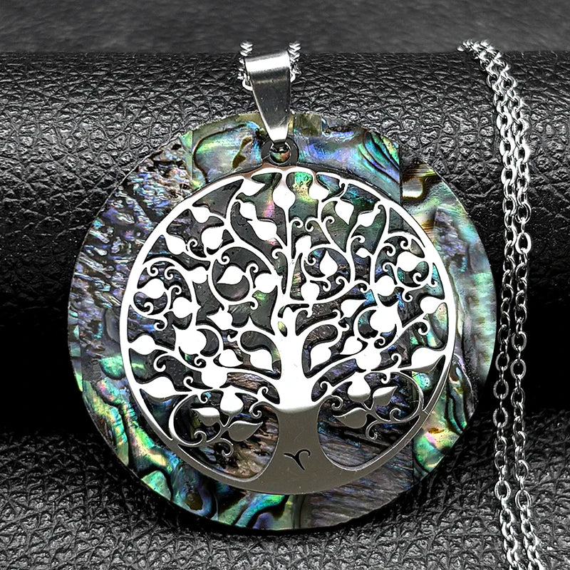Tree of Life Stainless Steel Abalone Shell Natural Necklace Chain Gold Color Necklaces Mother Pearl Shell Boho Jewelry Collar NX