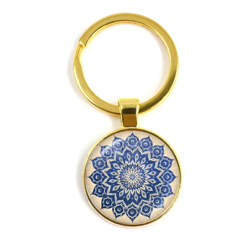 Charm Mandala Art Picture Keychain Henna Yoga Om Symbol Zen Buddhism 25mm Glass Cabochon Keyrings Keyholder For Women Men Gift