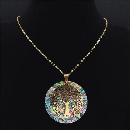 Tree of Life Stainless Steel Abalone Shell Natural Necklace Chain Gold Color Necklaces Mother Pearl Shell Boho Jewelry Collar NX