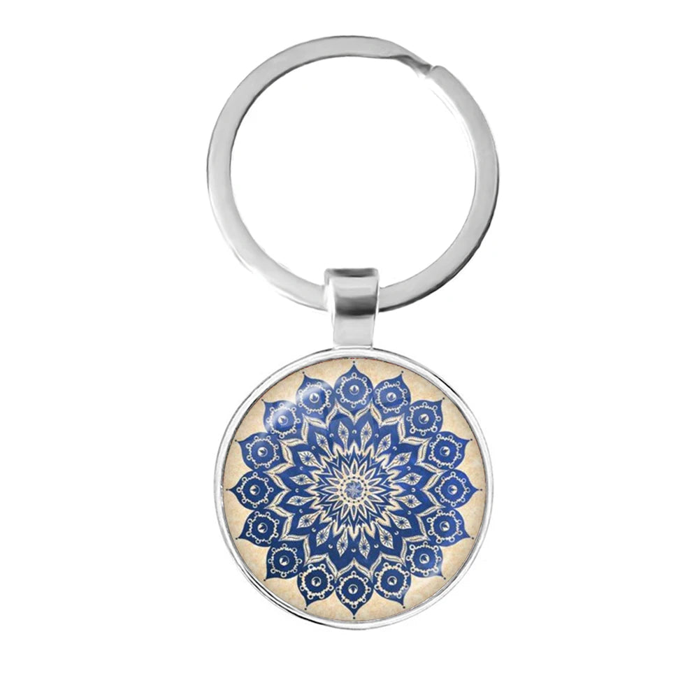 Charm Mandala Art Picture Keychain Henna Yoga Om Symbol Zen Buddhism 25mm Glass Cabochon Keyrings Keyholder For Women Men Gift
