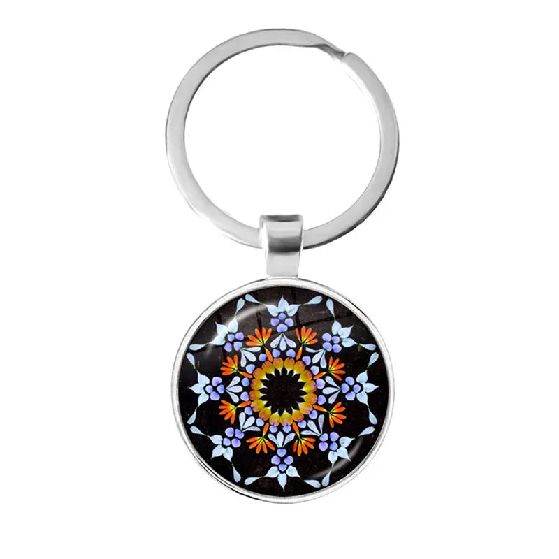 Charm Mandala Art Picture Keychain Henna Yoga Om Symbol Zen Buddhism 25mm Glass Cabochon Keyrings Keyholder For Women Men Gift