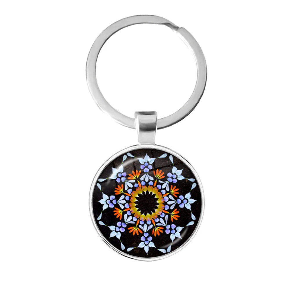 Charm Mandala Art Picture Keychain Henna Yoga Om Symbol Zen Buddhism 25mm Glass Cabochon Keyrings Keyholder For Women Men Gift