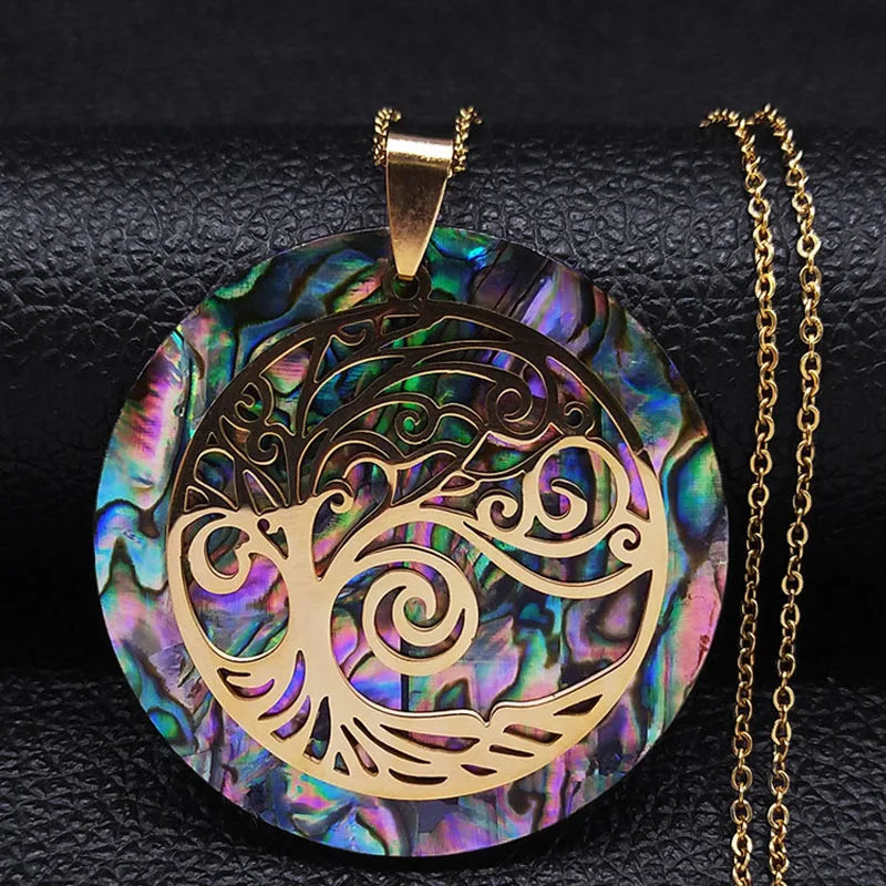 Tree of Life Stainless Steel Abalone Shell Natural Necklace Chain Gold Color Necklaces Mother Pearl Shell Boho Jewelry Collar NX