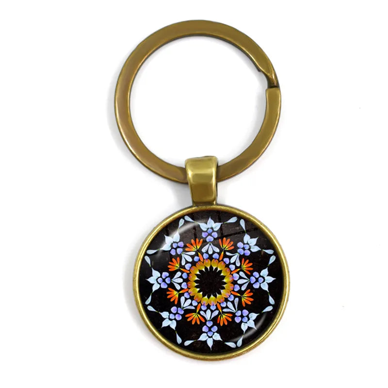 Charm Mandala Art Picture Keychain Henna Yoga Om Symbol Zen Buddhism 25mm Glass Cabochon Keyrings Keyholder For Women Men Gift