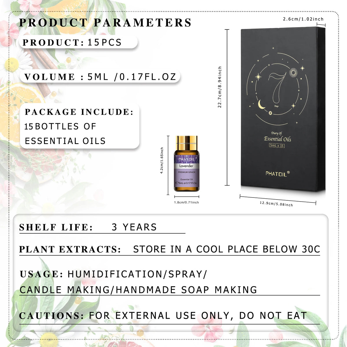 PHATOIL 15PCS Aromatherapy Essential Oils Gift Set For Diffuser Soap & Candle Making-5ml Cinnamon Lavender Eucalyptus Peppermint Lemon Vanilla Cinnamon Lemongrass Aroma Essential Oil
