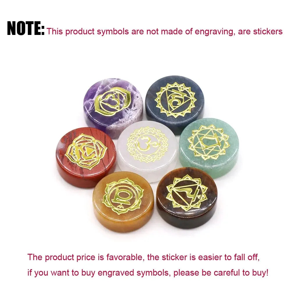 7pcs/Pack Round Shaped 7 Chakra Natural Stone Ornament Amethyst Quartz Energy Engraved Symbols Reiki Divination Healing 16-18mm