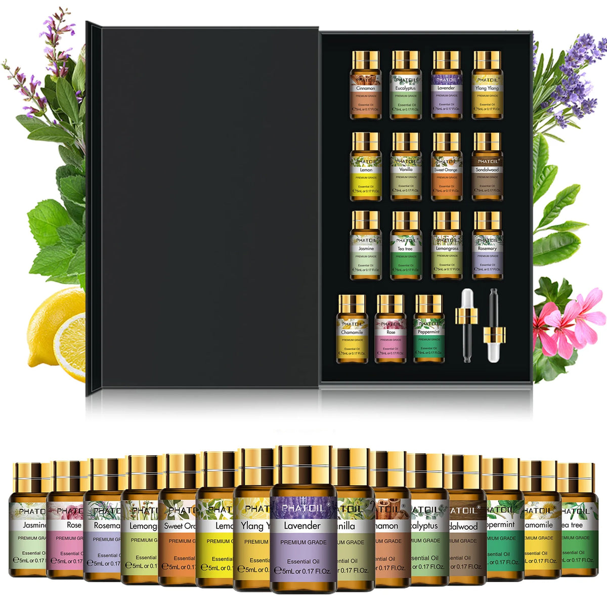 PHATOIL 15PCS Aromatherapy Essential Oils Gift Set For Diffuser Soap & Candle Making-5ml Cinnamon Lavender Eucalyptus Peppermint Lemon Vanilla Cinnamon Lemongrass Aroma Essential Oil