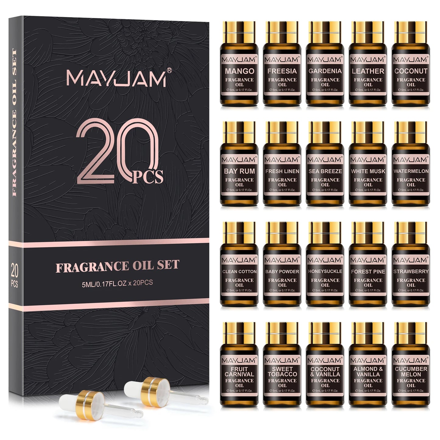 MAYJAM Christmas Gift Set 20pcs Fragrance Oil Coconut & Vanilla Baby Powder Freesia Leather Watermelon Cucumber Melon Aroma Oil