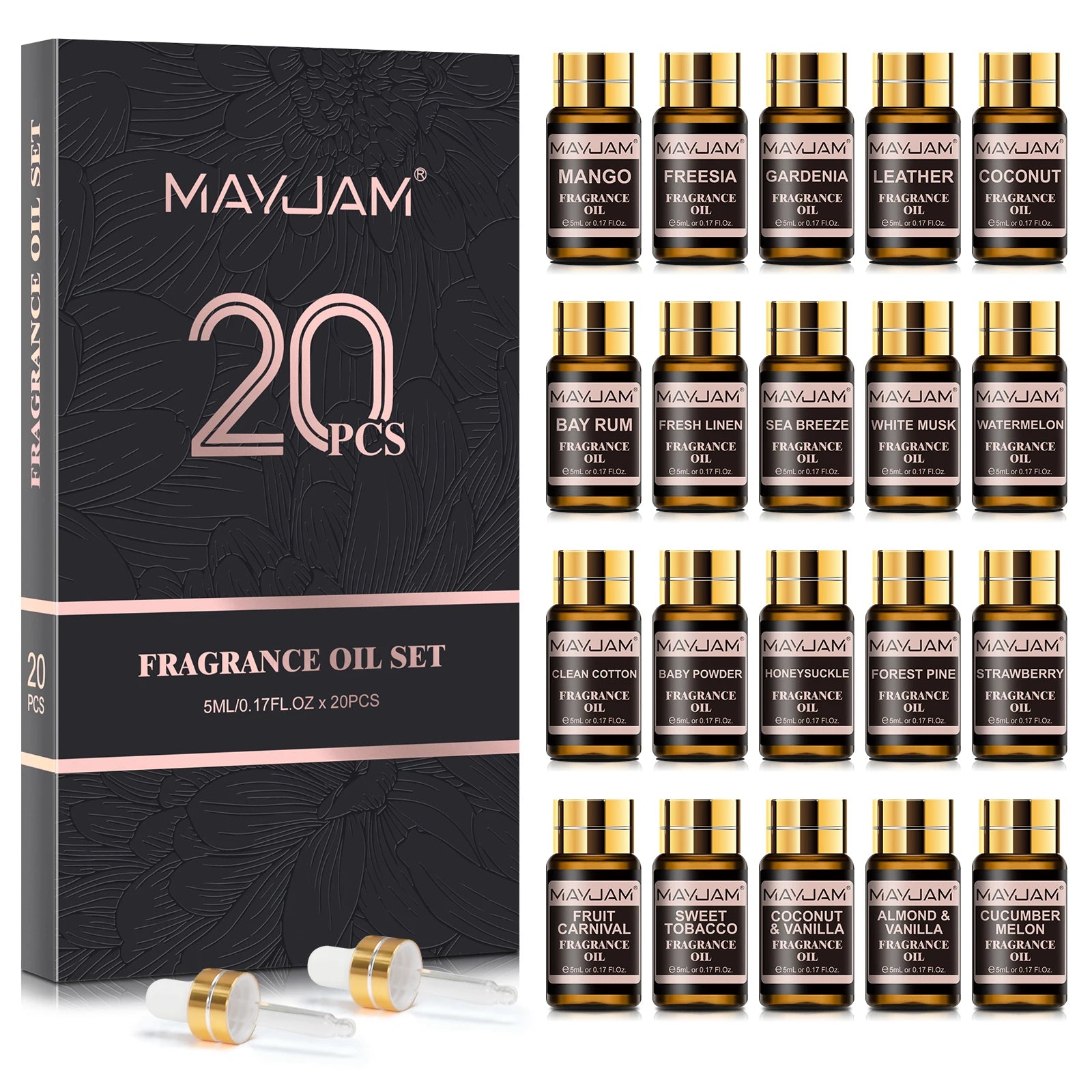 MAYJAM Christmas Gift Set 20pcs Fragrance Oil Coconut & Vanilla Baby Powder Freesia Leather Watermelon Cucumber Melon Aroma Oil