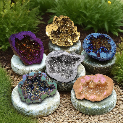 8PCS/Box Titanium Coated Natural Crystal Cluster Electroplated Agate Geode, Energy Balance Reiki Wicca Home Decor