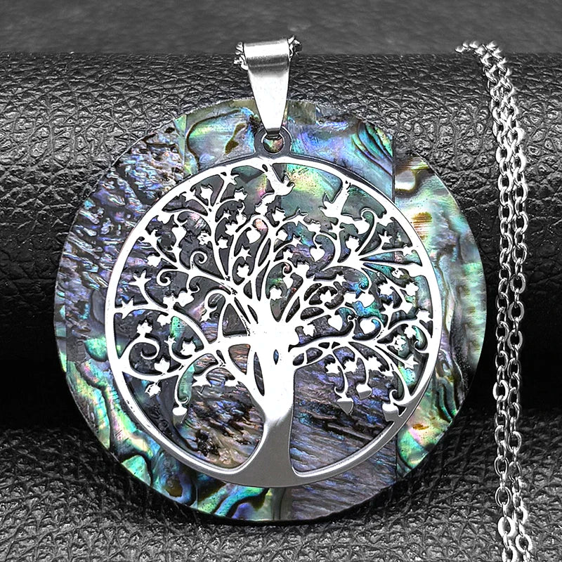 Tree of Life Stainless Steel Abalone Shell Natural Necklace Chain Gold Color Necklaces Mother Pearl Shell Boho Jewelry Collar NX